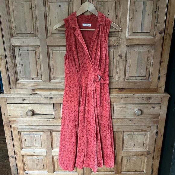 by Anthropologie 4 Orange Eyelet Dress Embroidered Cottagecore Boho Lined Pocket - Picture 1 of 14